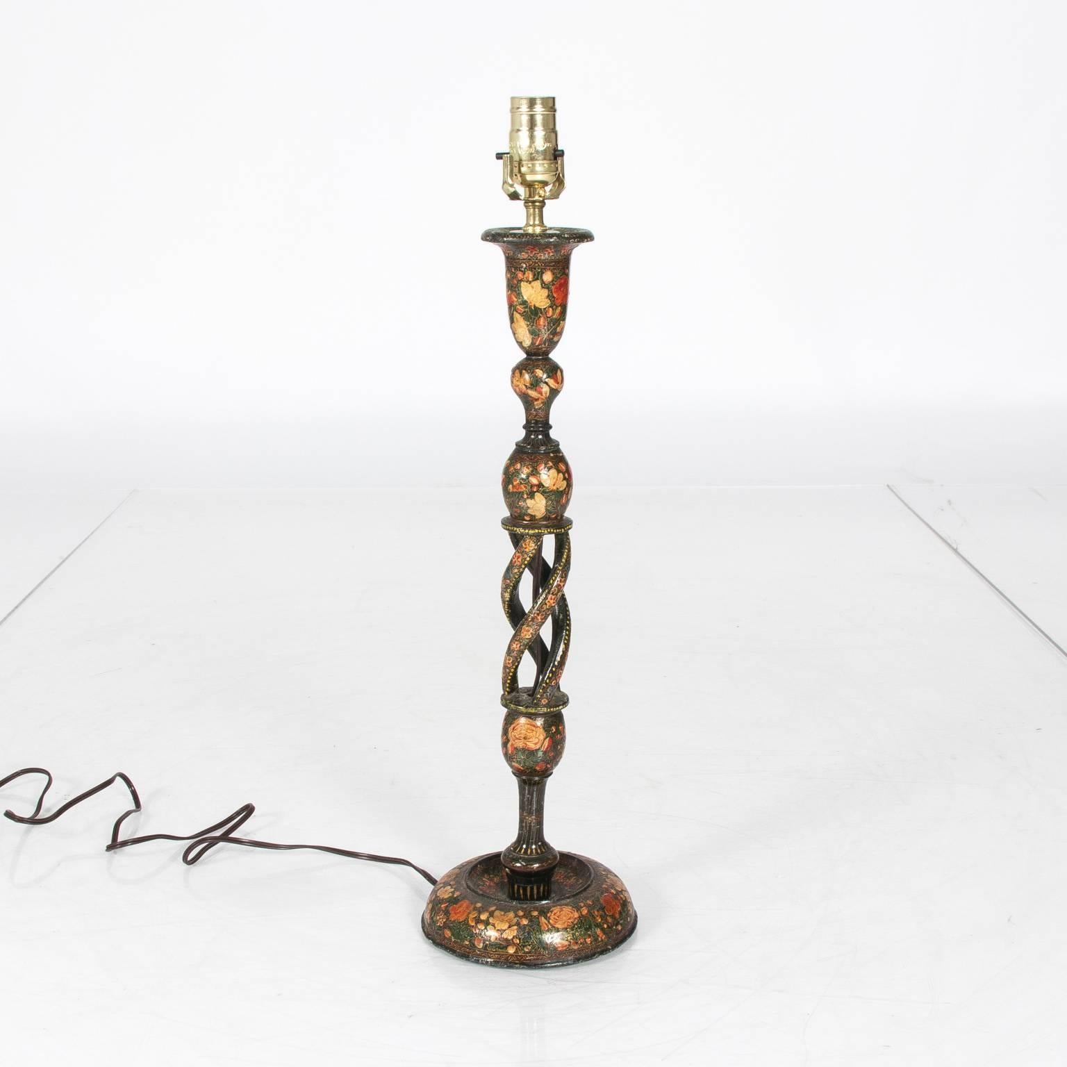 Wood Pair of Kashmiri Candlestick Lamps