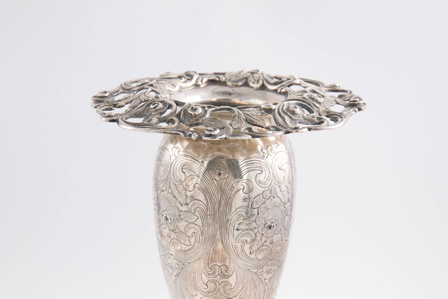 Art Nouveau sterling silver ornate vase.
 