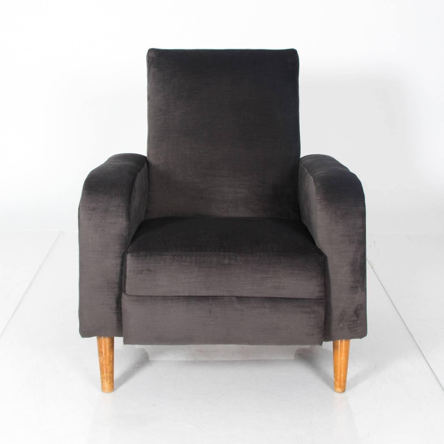 Pair of vintage modern French armchairs in charcoal grey velvet.
 