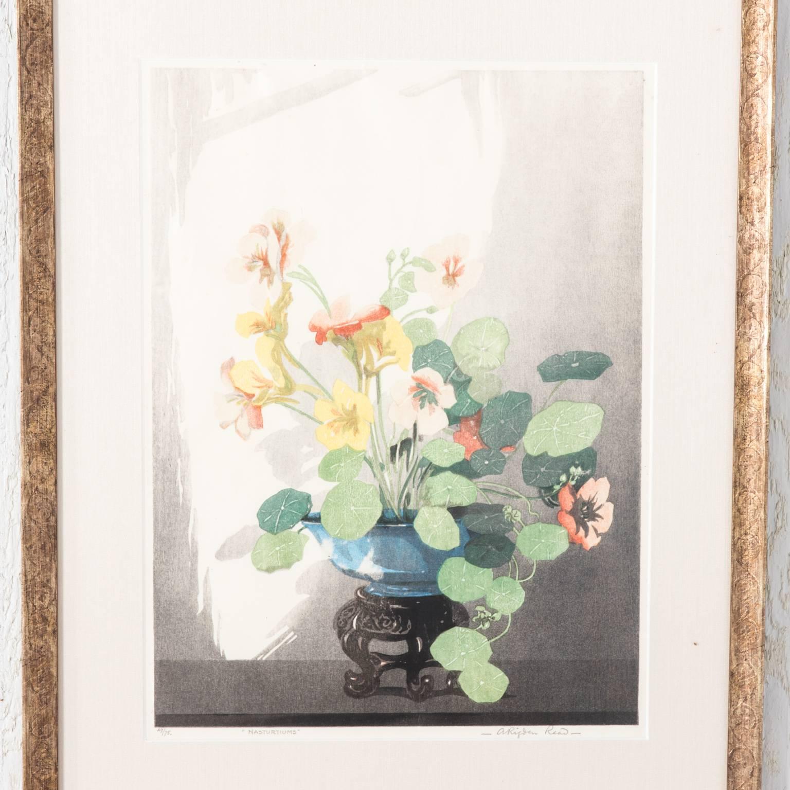 Wood block print of a flower bouquet by A.R. Read. Number 47 of 75 prints made. Custom framed.
 