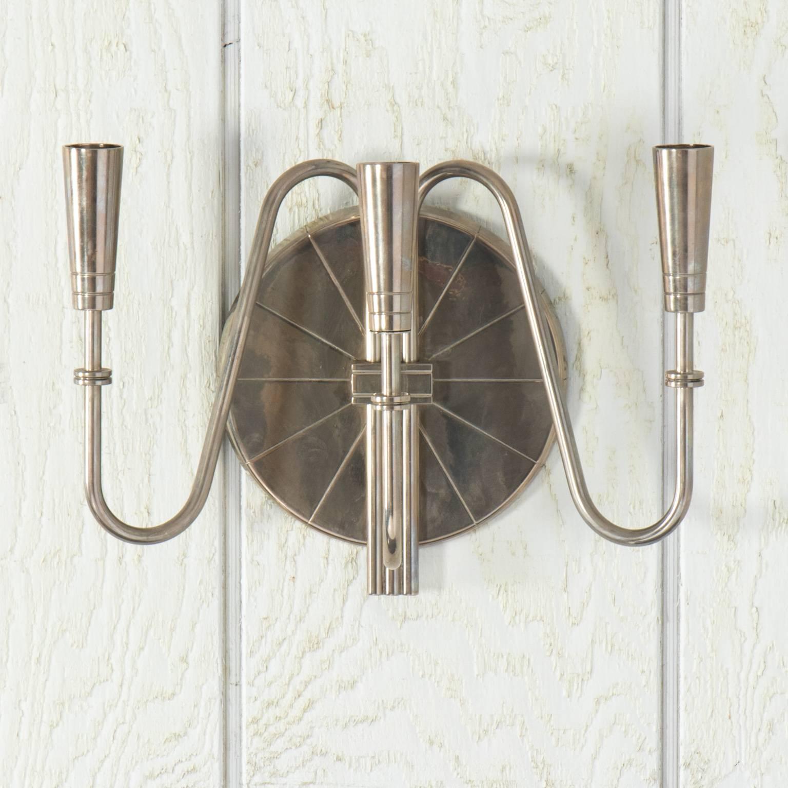 Metal Pair of Nickel-Plated Sconces in a Manner of Tommi Parzinger For Sale