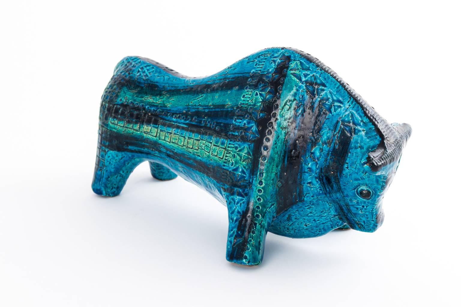 Glazed 1960s Rimini Blue Ceramic Bull For Sale