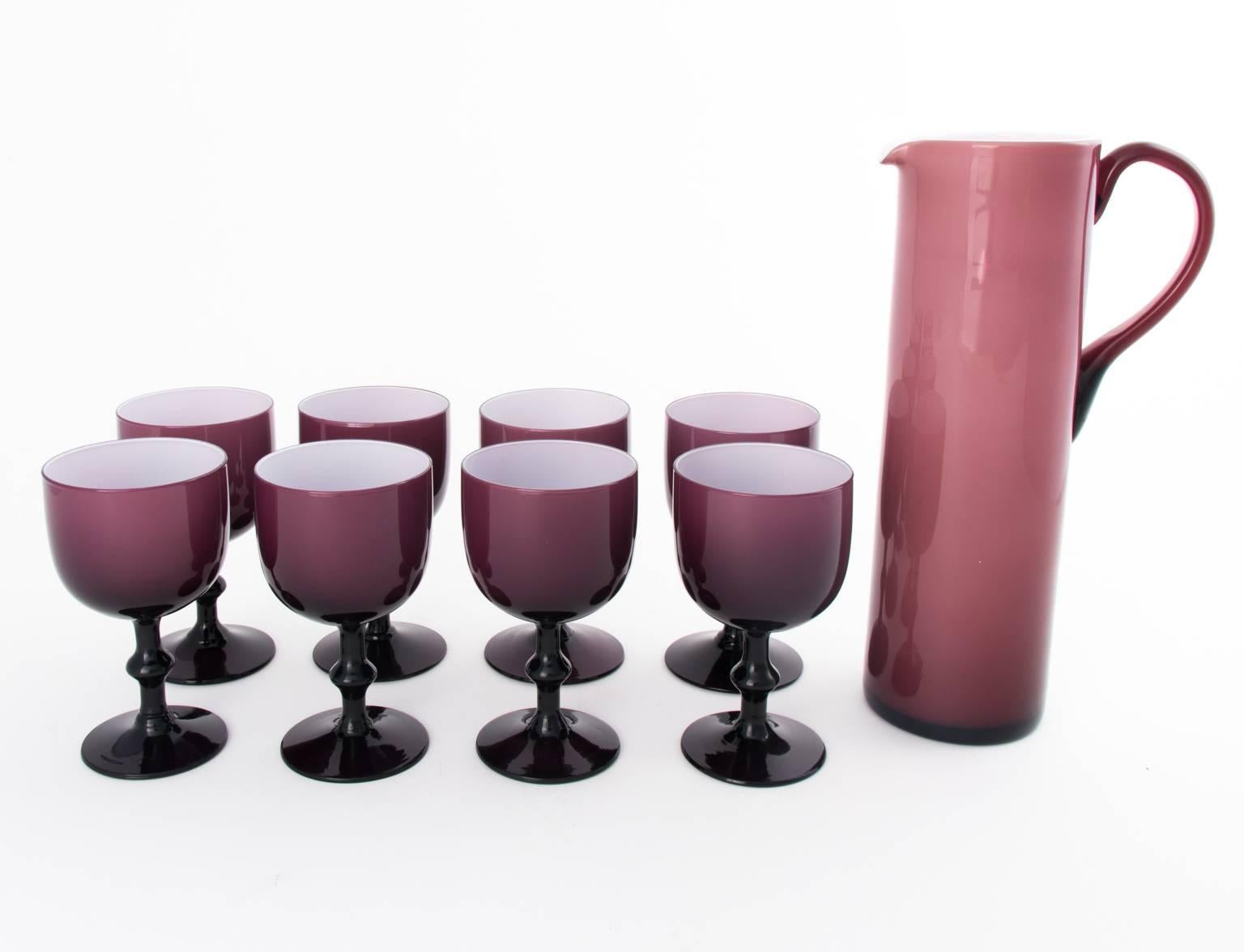 Set of Eight Purple Glass Wine Goblets with Pitcher For Sale 1
