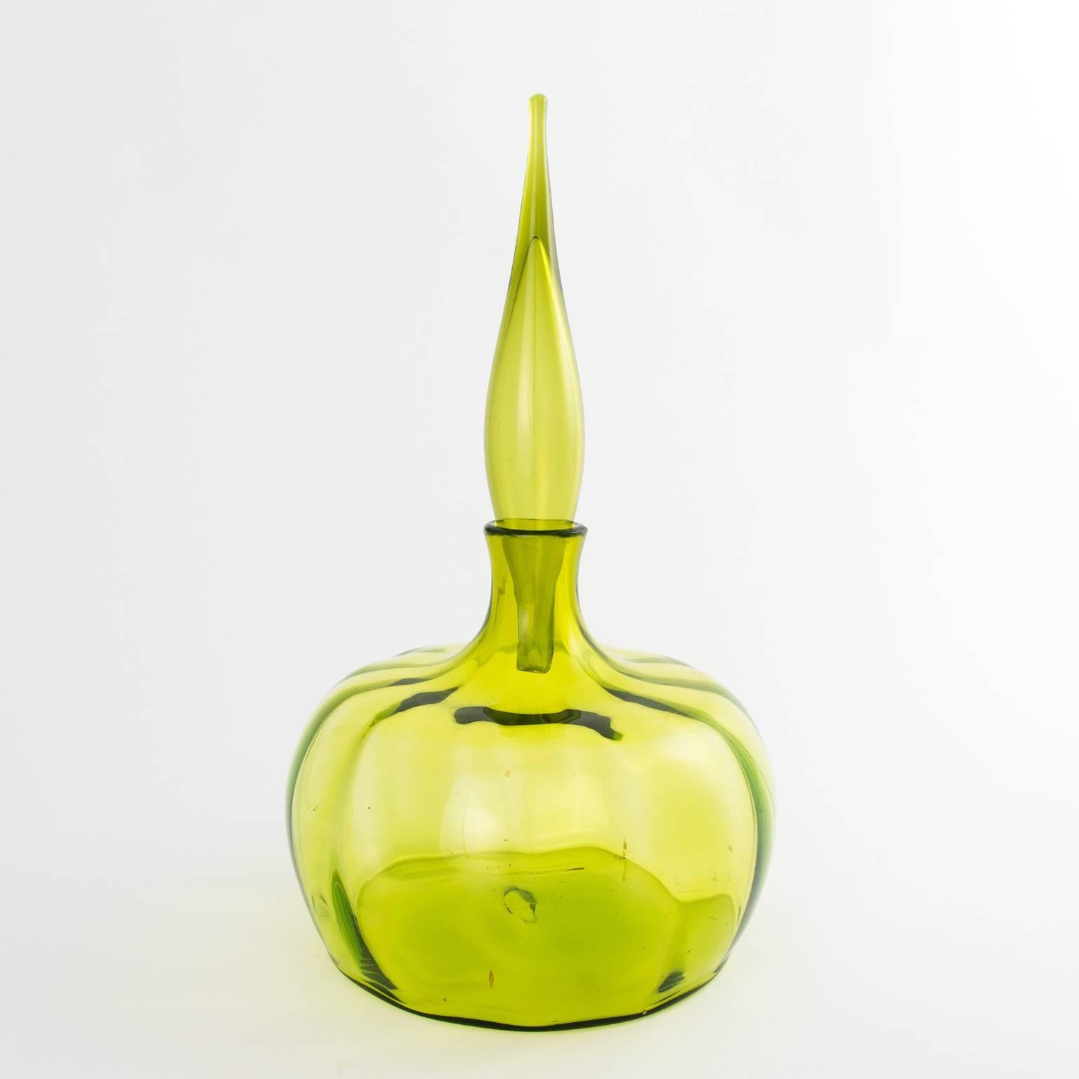 Mid-Century Modern Collection of Three Olive Green Blown Glass Decanters