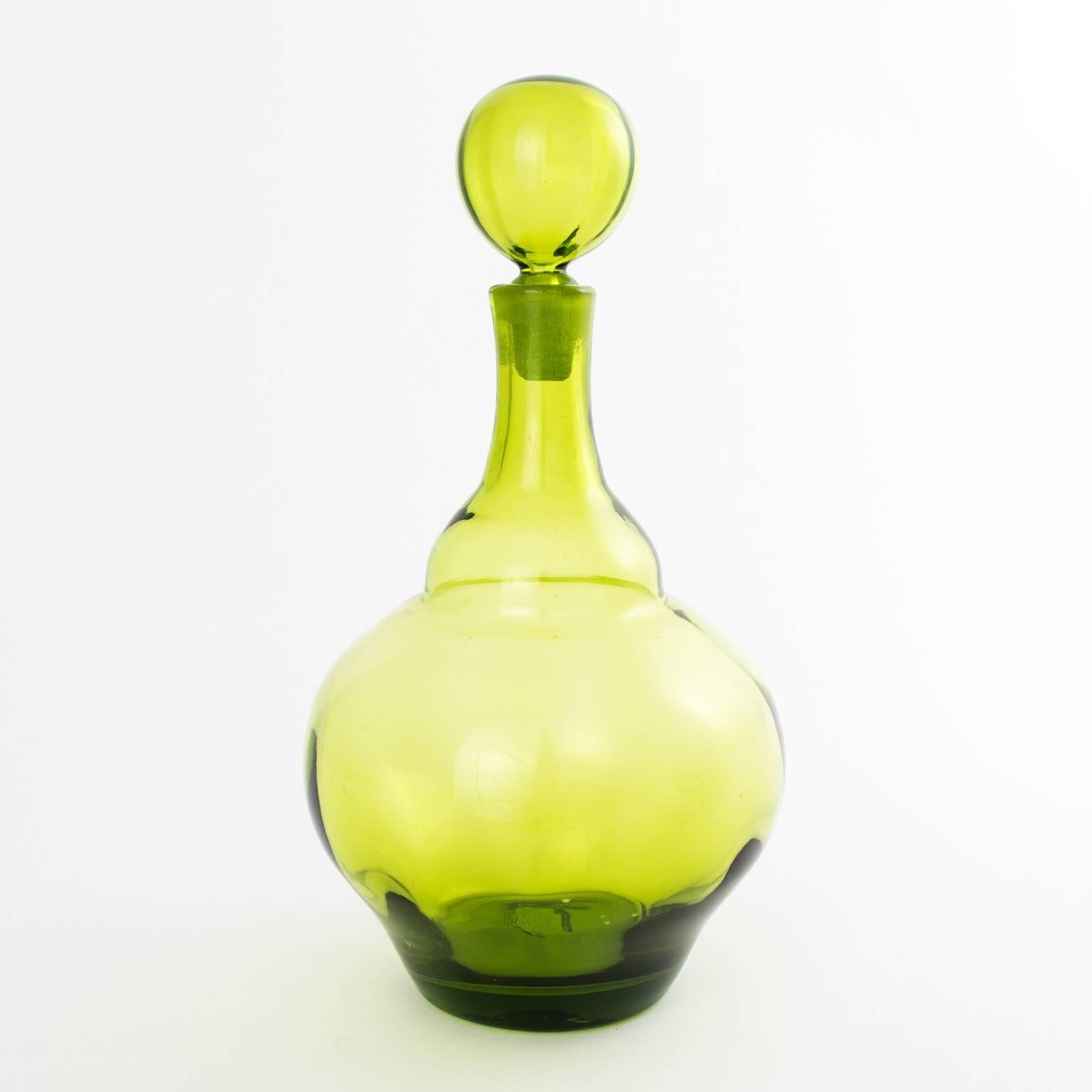 20th Century Collection of Three Olive Green Blown Glass Decanters