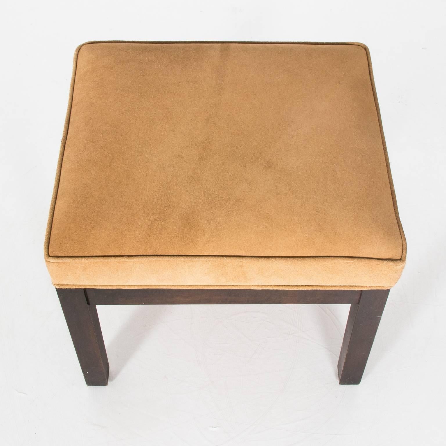 1960s pair of square Thonet stools that have been reupholstered in swede leather.
 