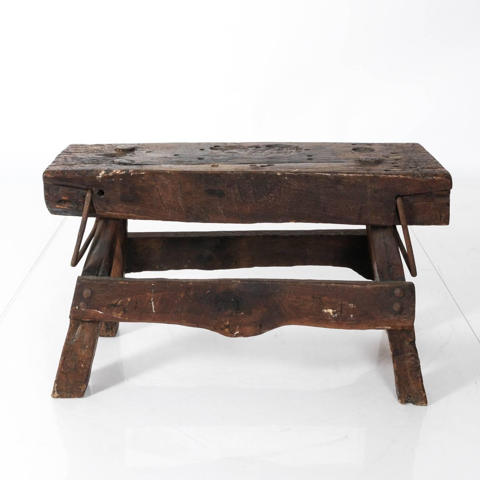 Utilitarian wooden bench used by Tanners in their workshop, circa late 18th century.
 