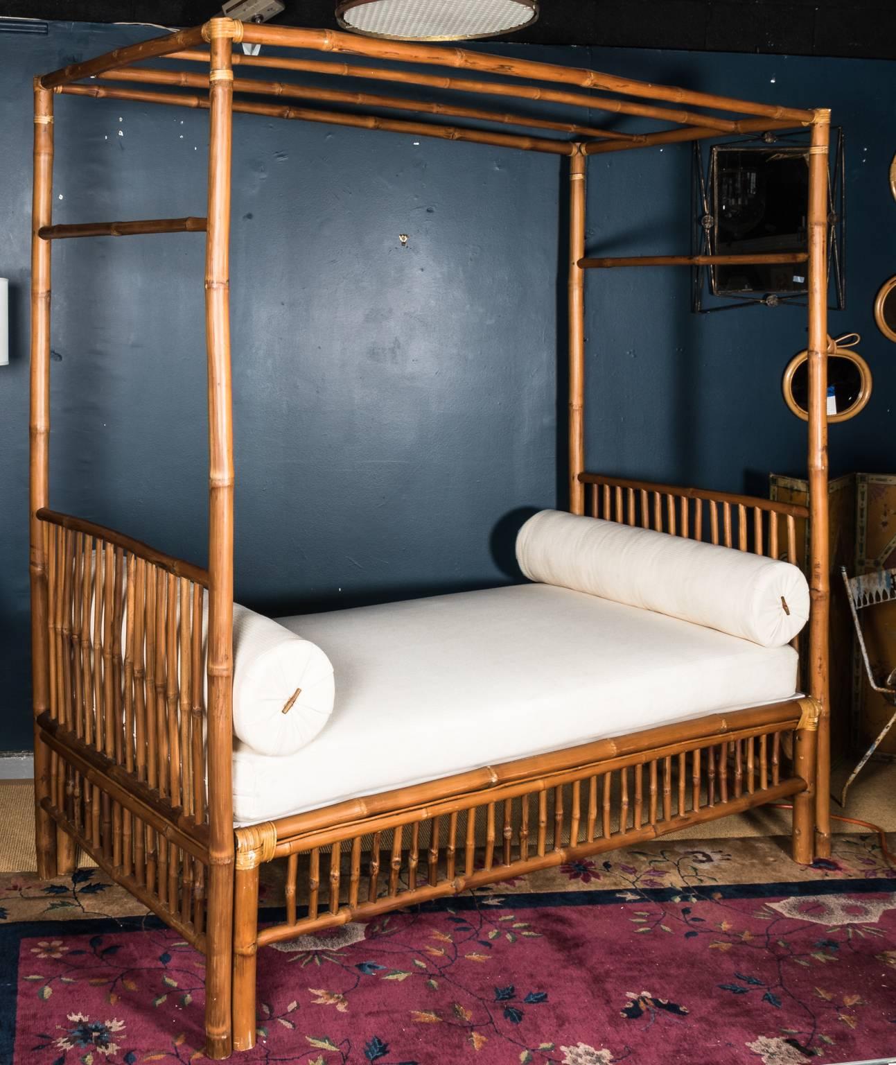 20th Century Rattan Faux Bamboo Canopy Bed