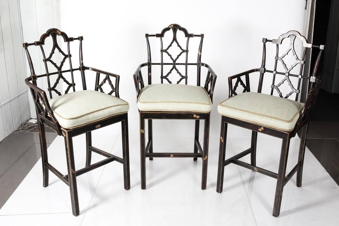 Cane Set of Three Chinese Chippendale Style Stools