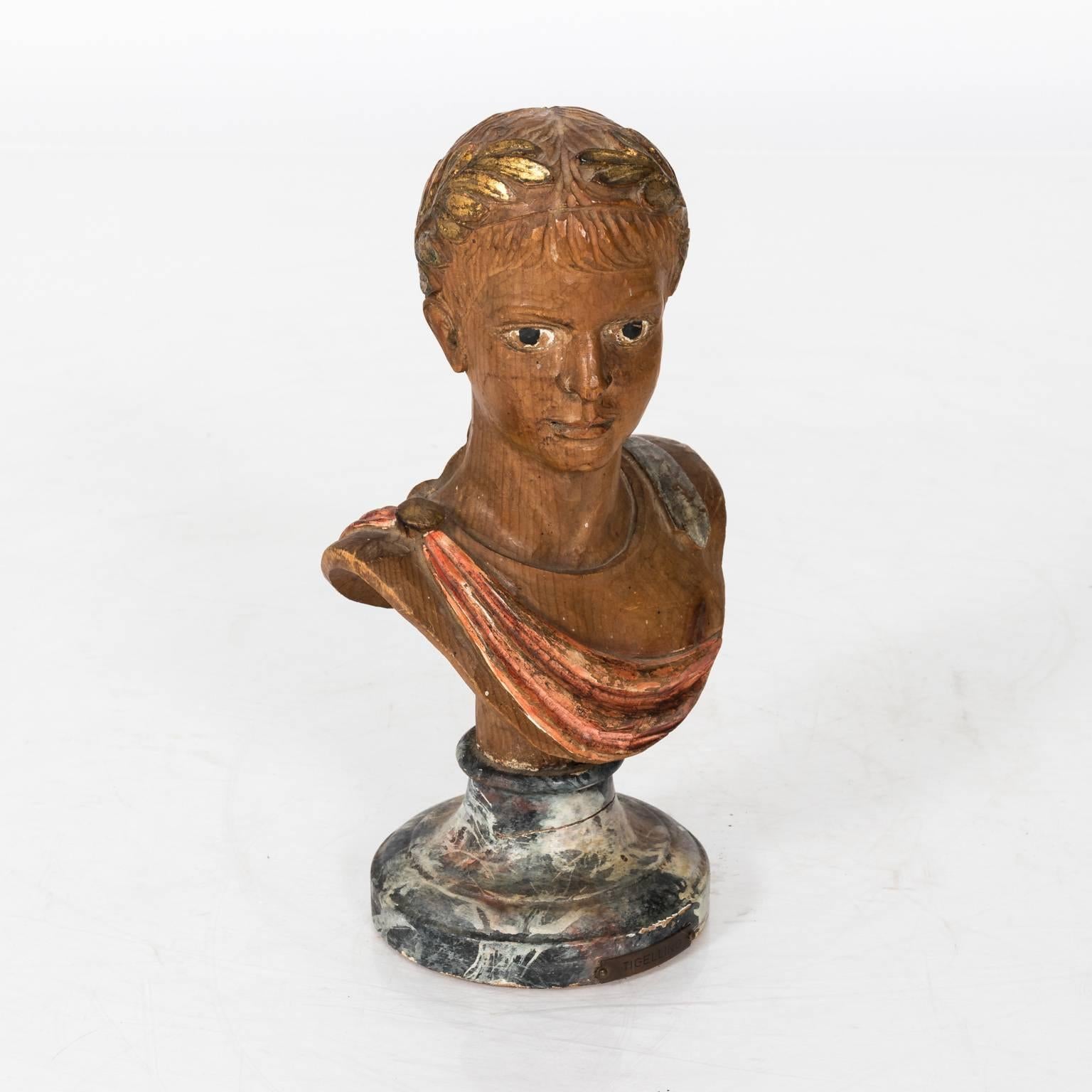 Neoclassical Wood Bust of Roman Boy For Sale