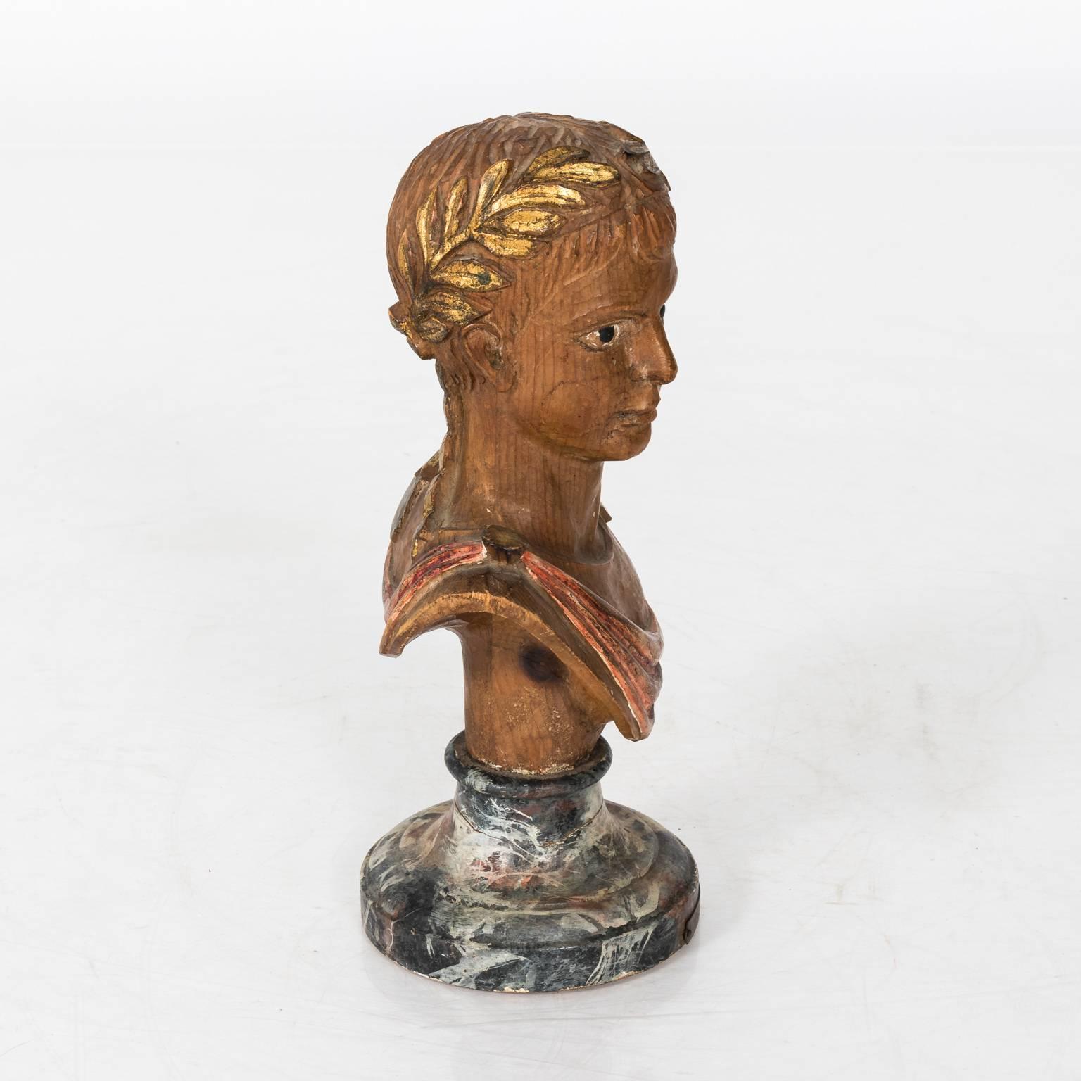 Painted Wood Bust of Roman Boy For Sale