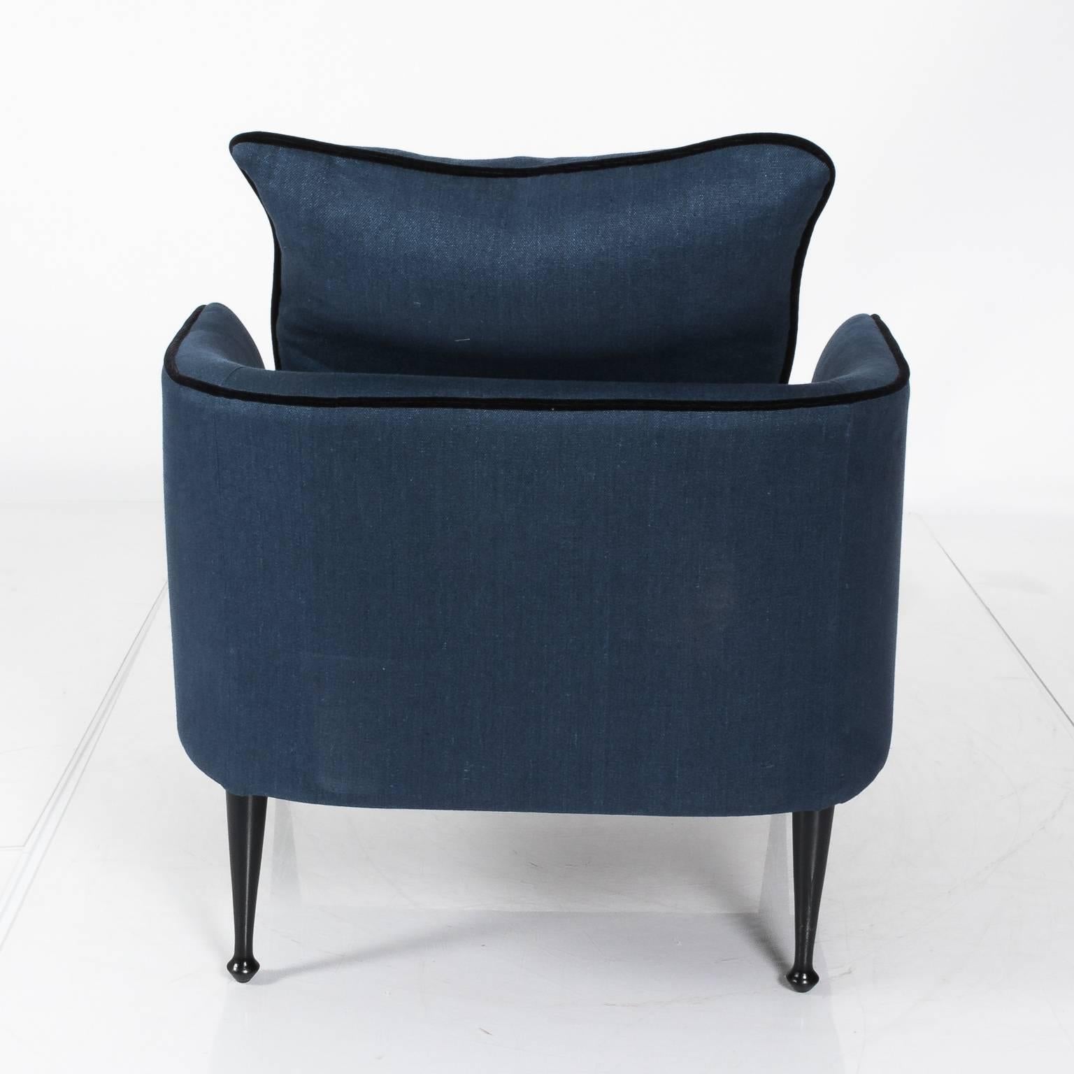 Club chairs in rich blue linen with velvet, circa mid-20th century.
 