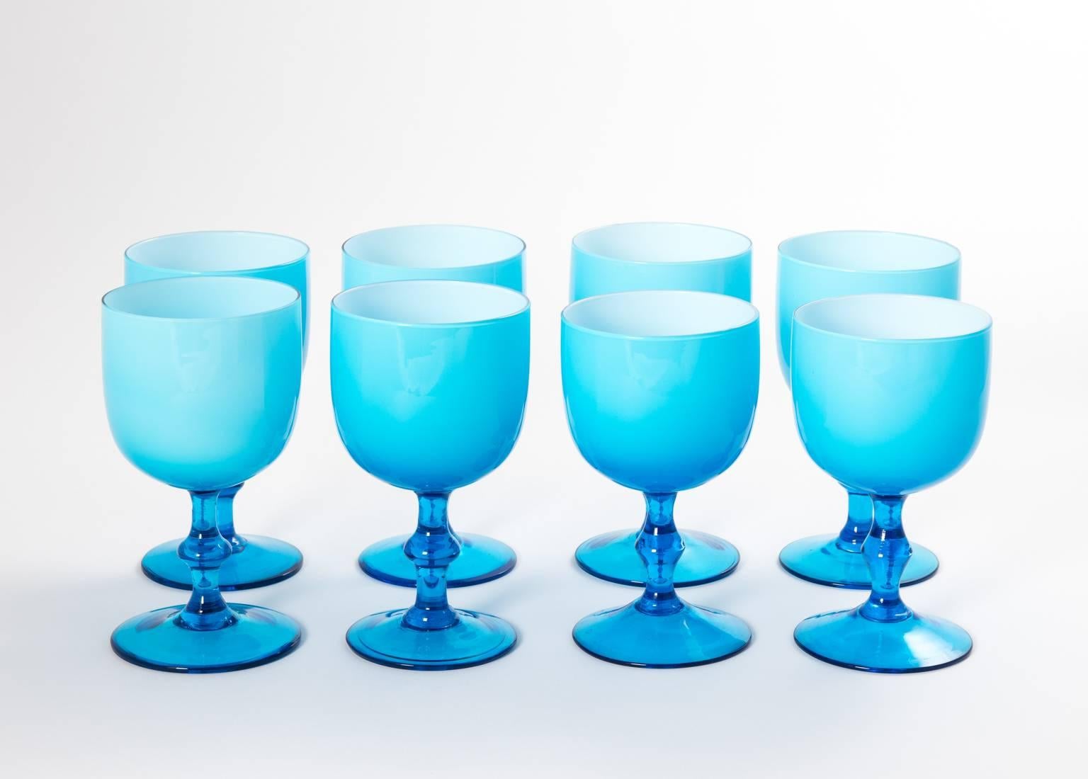 Set of Eight Italian Blue Glass Wine Goblets with Pitcher, circa 1960s For Sale 1