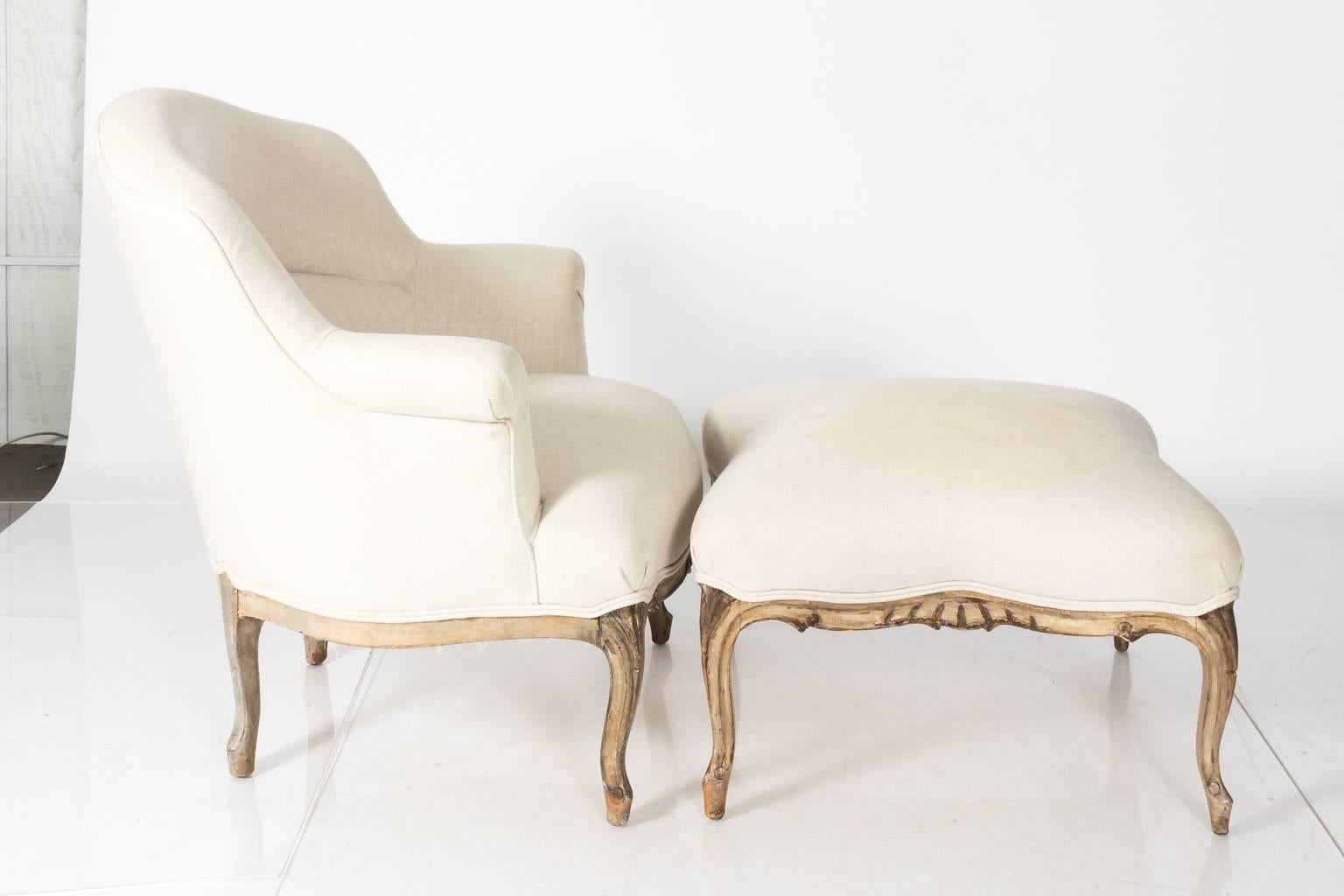 Louis XV Style Upholstered Chair and Ottoman In Good Condition In Stamford, CT