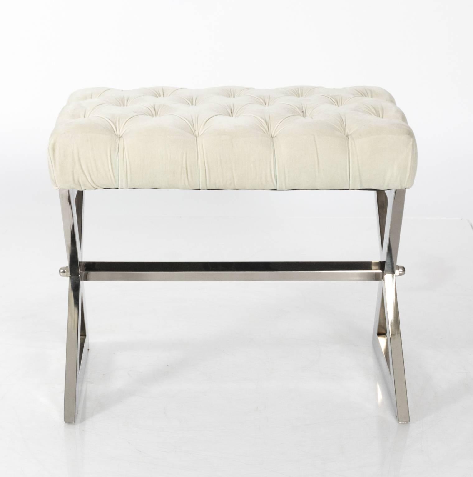 Chrome X-leg bench in the style of Milo Baughman, circa 1970.
  