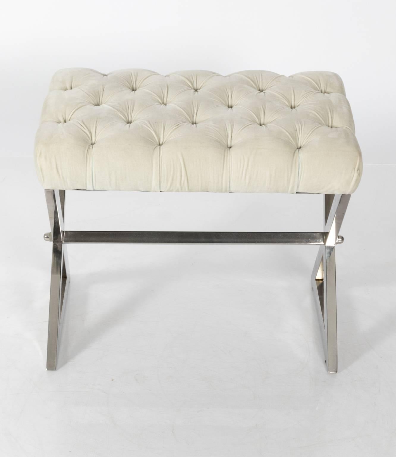 Chrome Bench with Velvet Tufted Seat For Sale 1