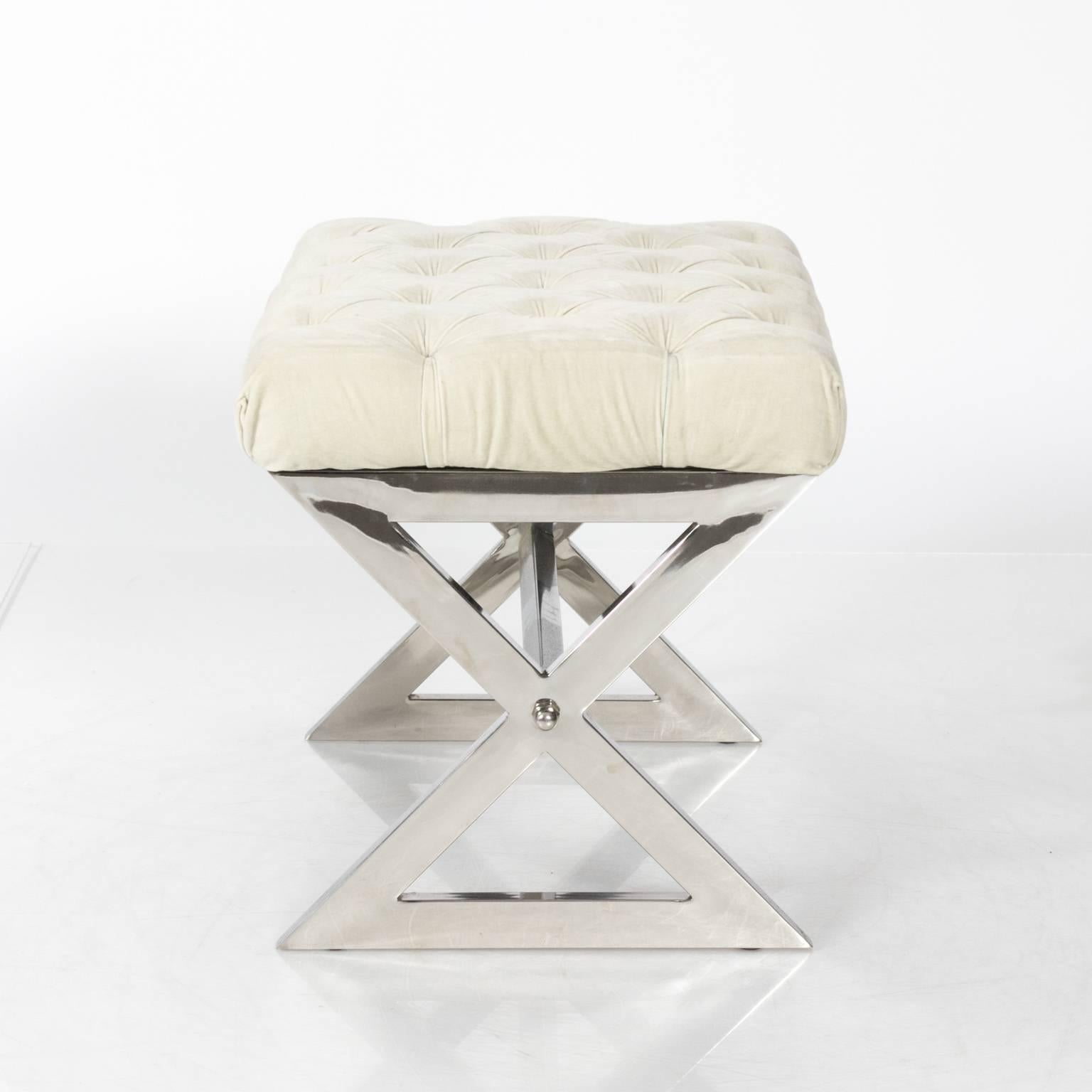 20th Century Chrome Bench with Velvet Tufted Seat For Sale