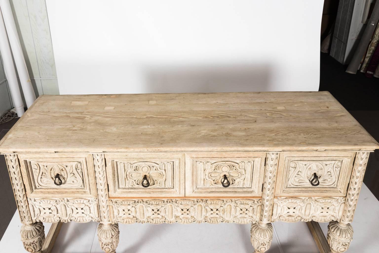 Carved Oak Long Sideboard In Excellent Condition In Stamford, CT