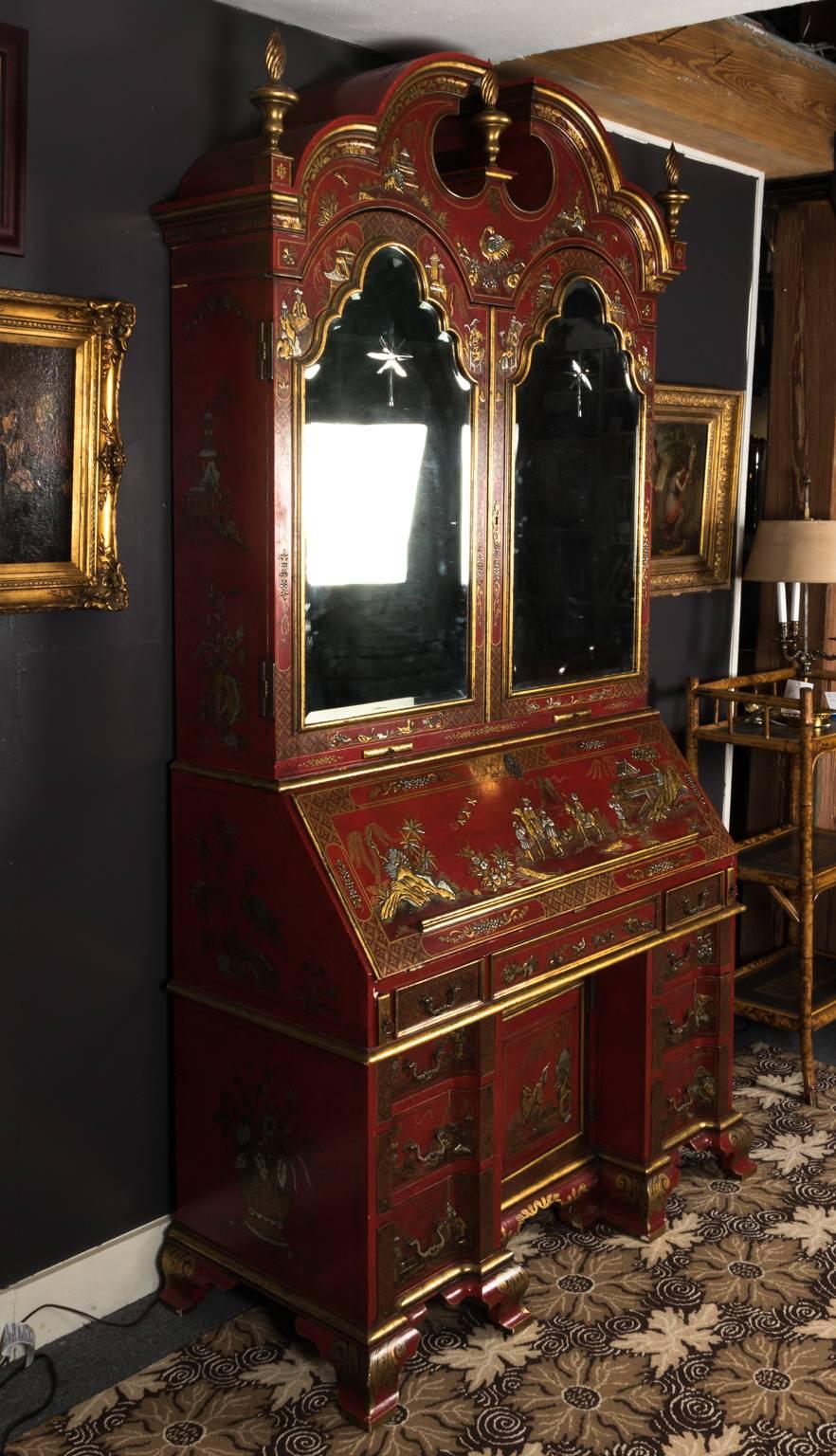 Red Chinoiserie Secretary 20th Century Reproduction  1