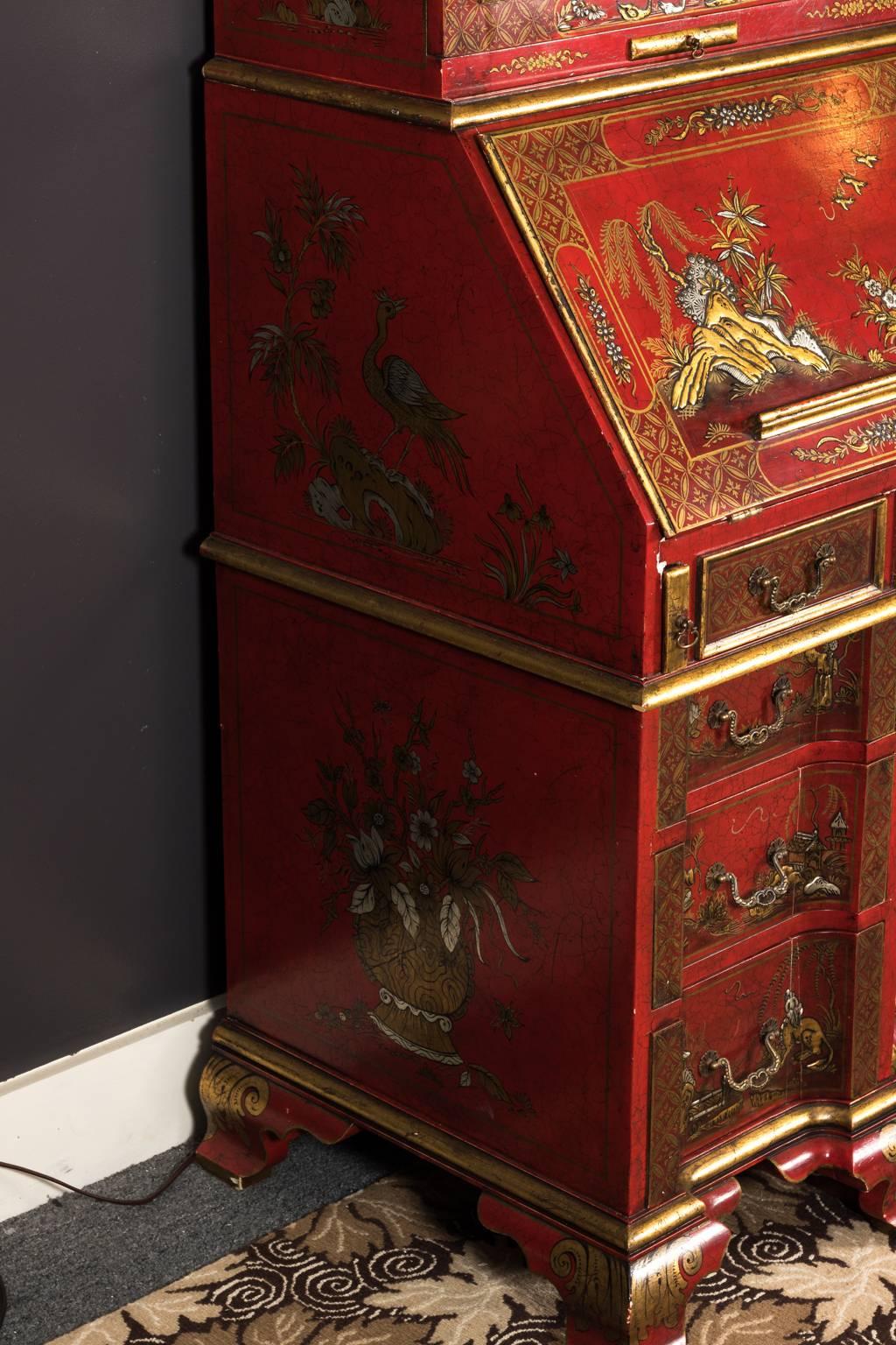 Red Chinoiserie Secretary 20th Century Reproduction  2