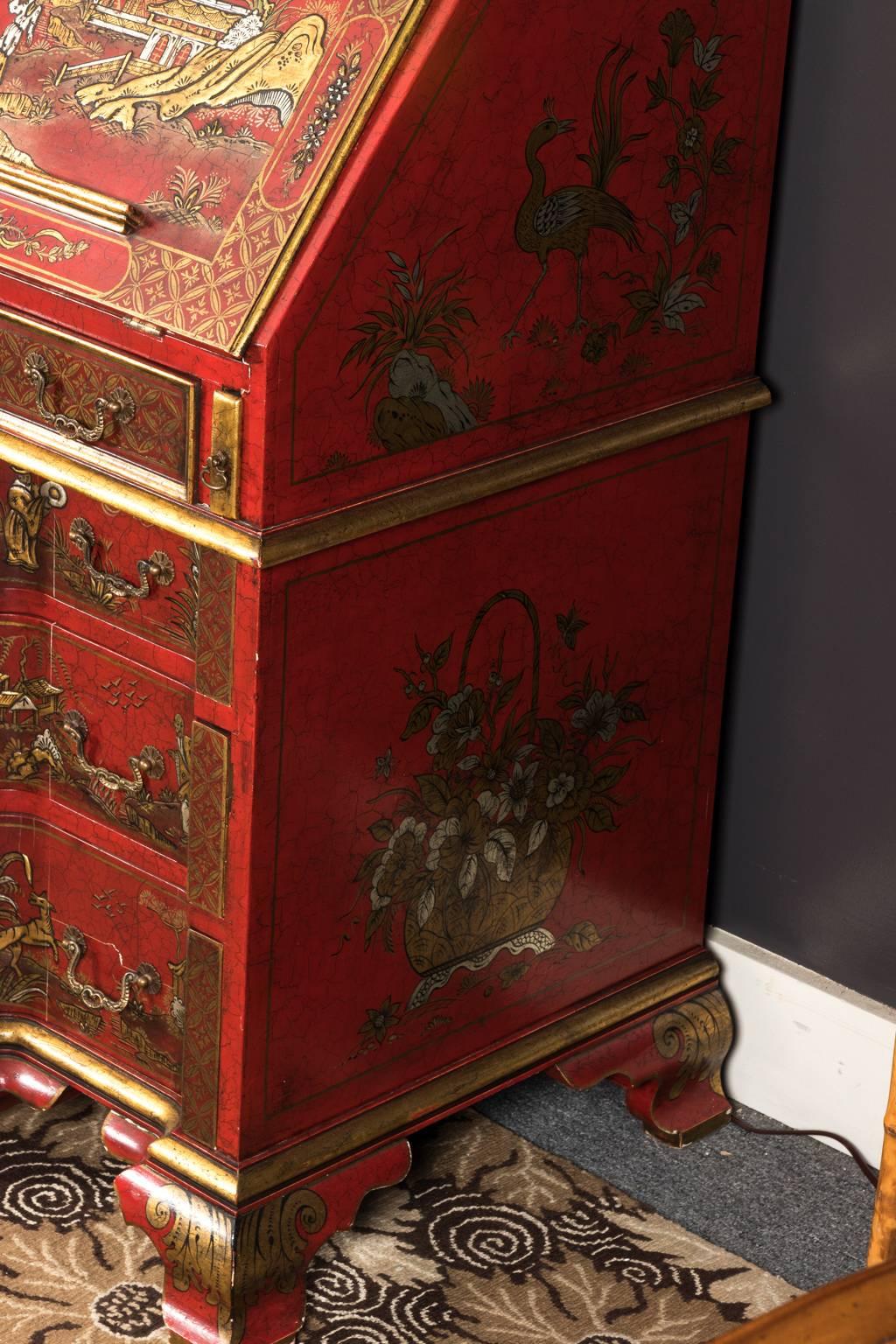 Wood Red Chinoiserie Secretary 20th Century Reproduction 