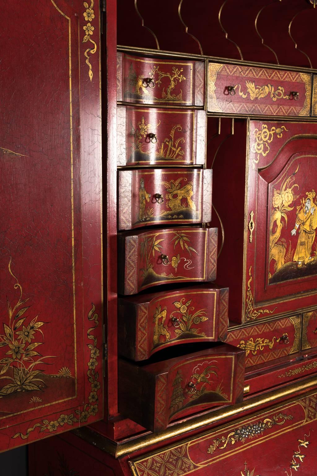 Red Chinoiserie Secretary 20th Century Reproduction  In Excellent Condition In Stamford, CT