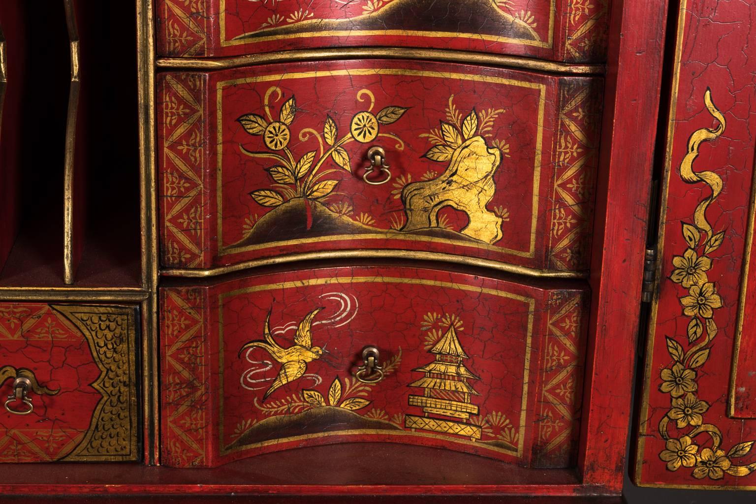 English red chinoiserie secretary with mirrored doors, circa 1980's 
 