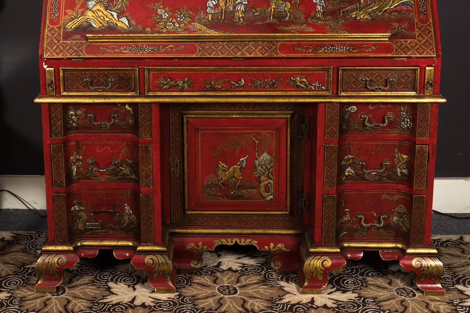 Red Chinoiserie Secretary 20th Century Reproduction  4