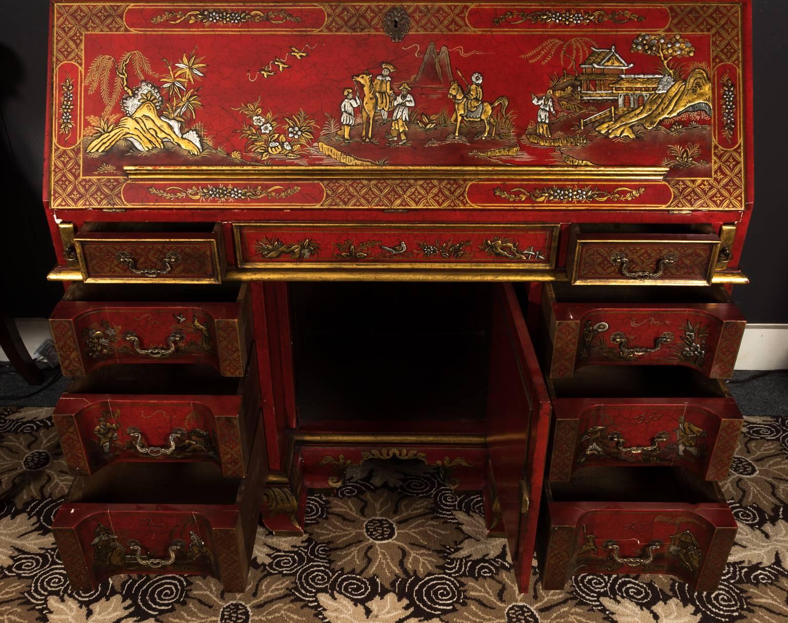 Painted Red Chinoiserie Secretary 20th Century Reproduction 