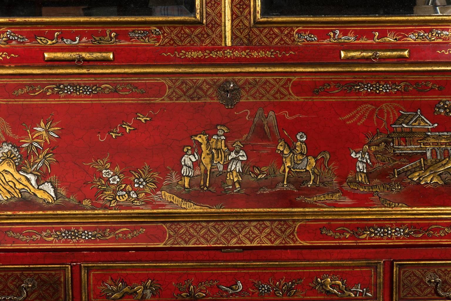Red Chinoiserie Secretary 20th Century Reproduction  3