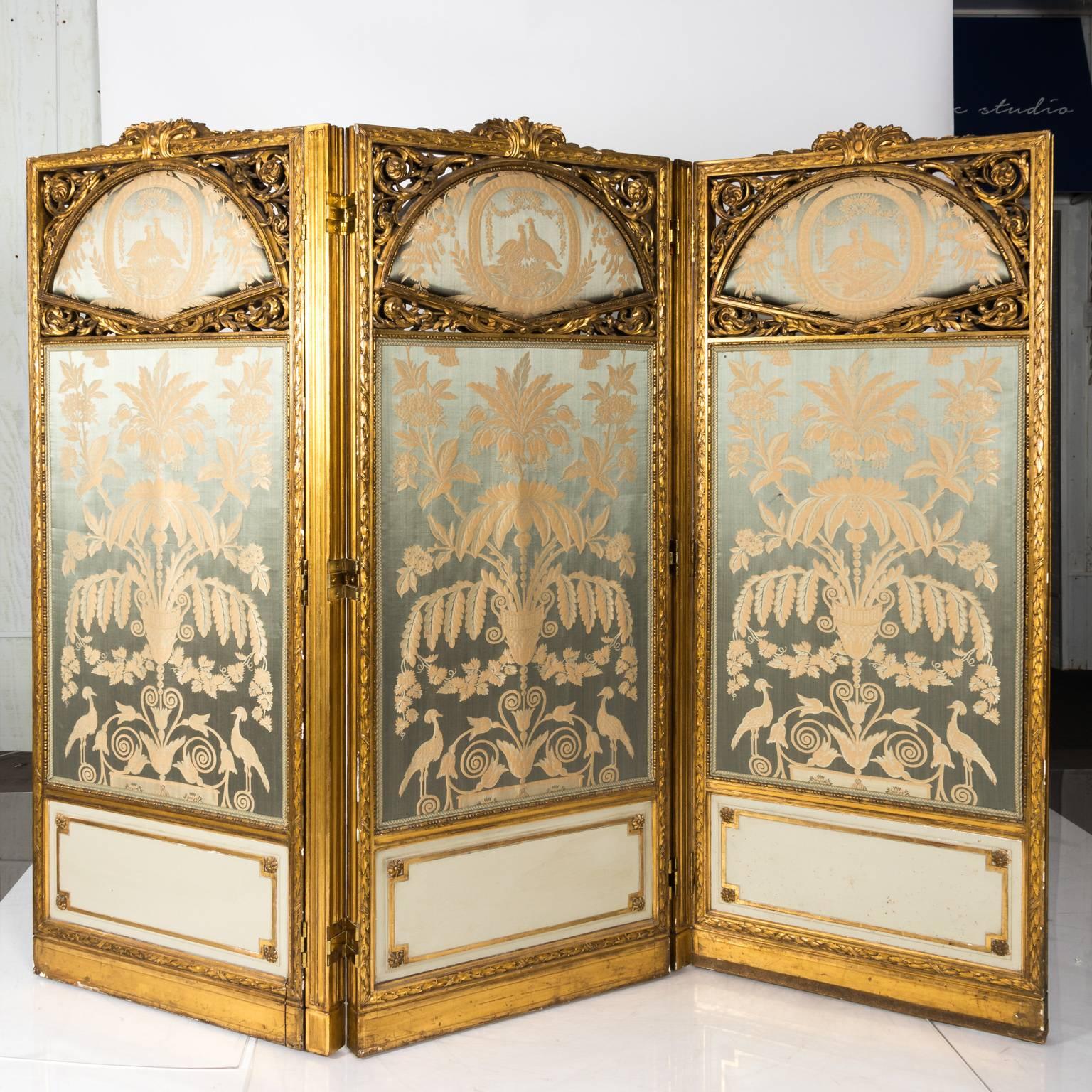 Silk French Three-Panel Giltwood Dressing Screen