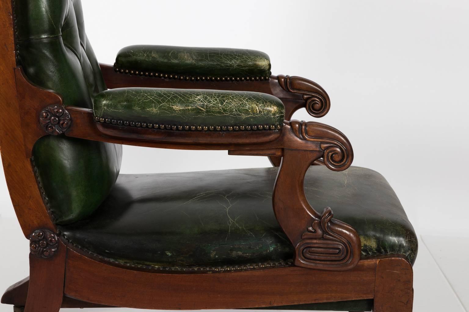 19th Century William IV Style Green Leather Chair, circa 1840