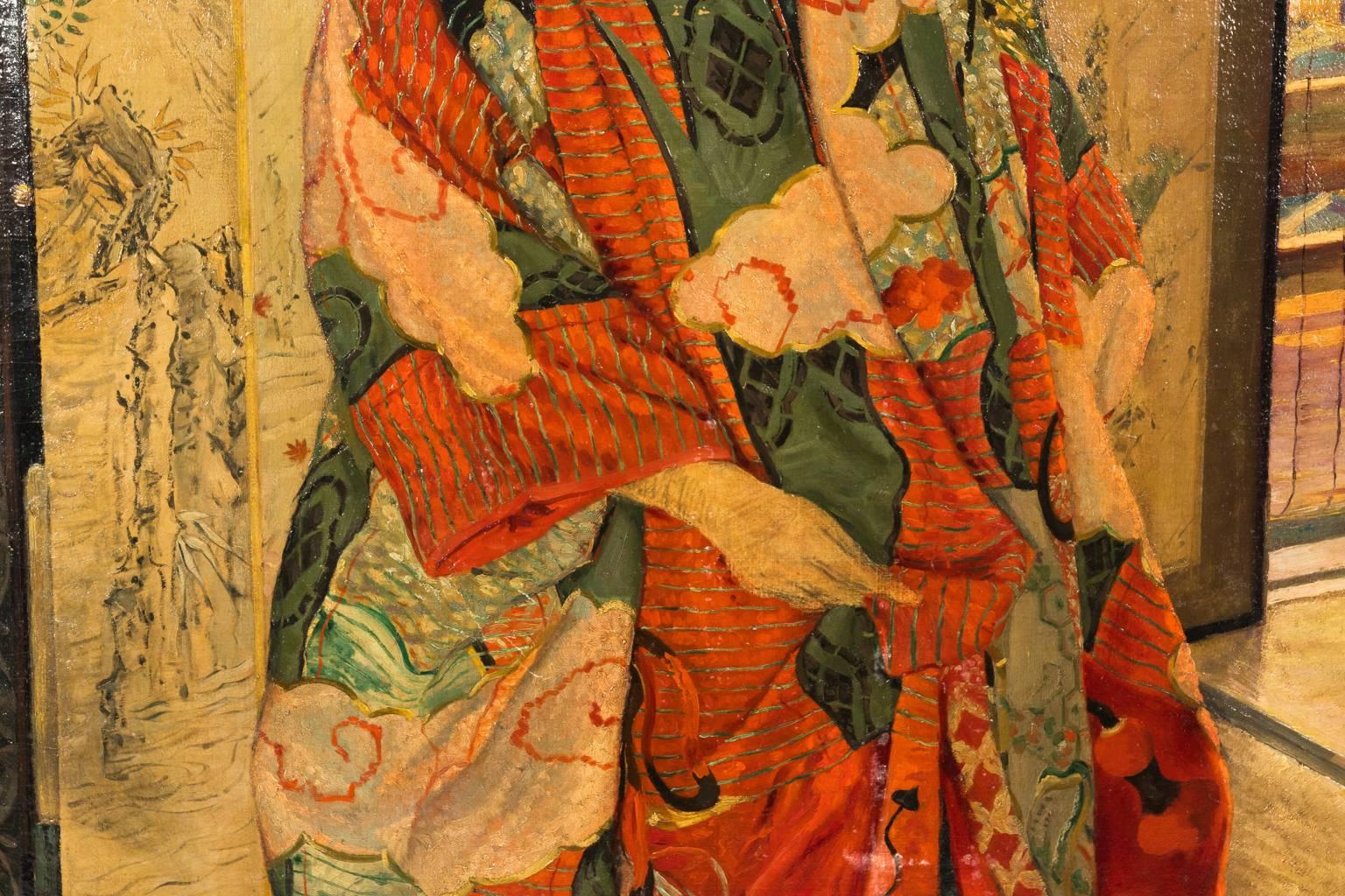 Hand-Painted Painting of Woman in an Oriental Interior  For Sale