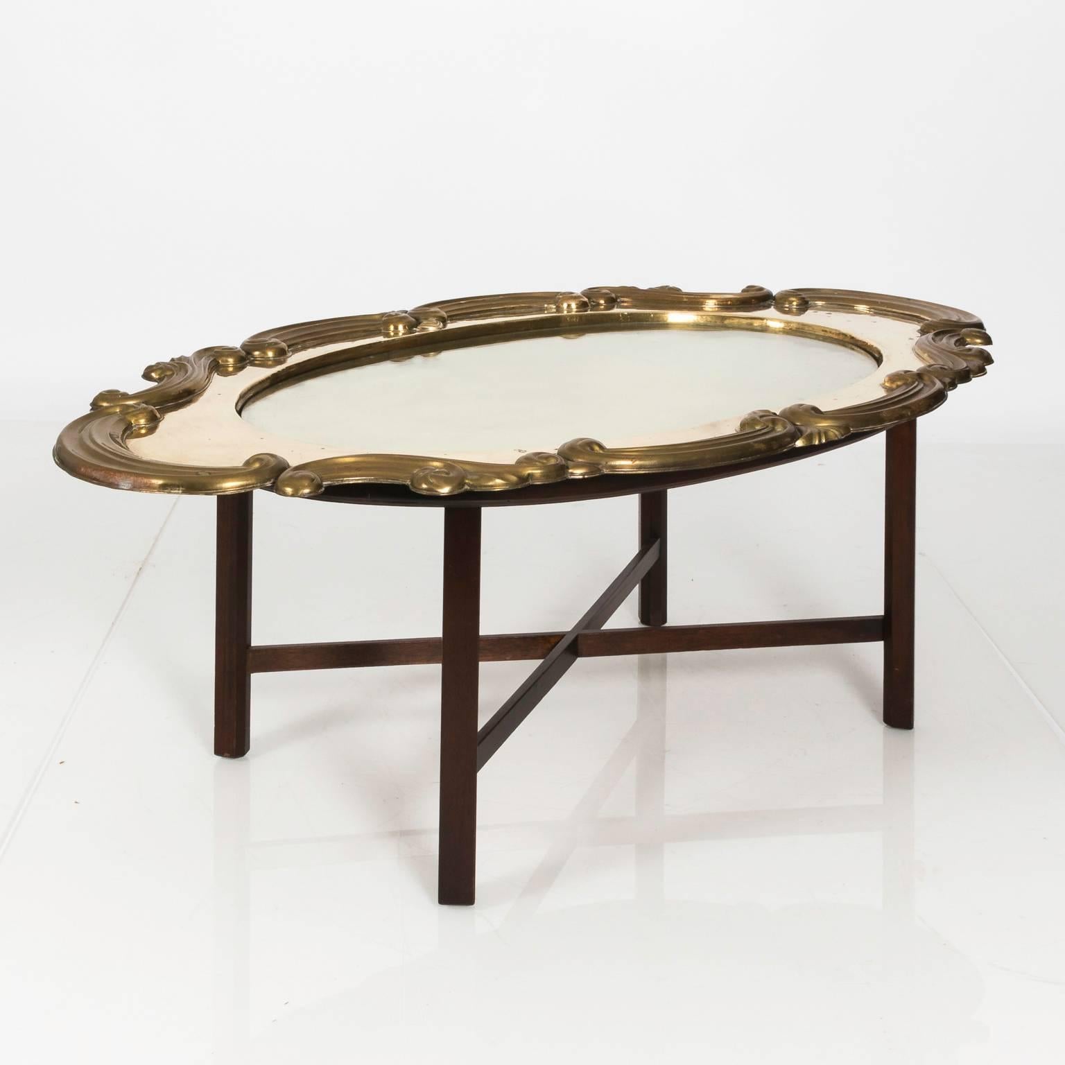 Brass Mahogany Wooden Base Coffee Table For Sale