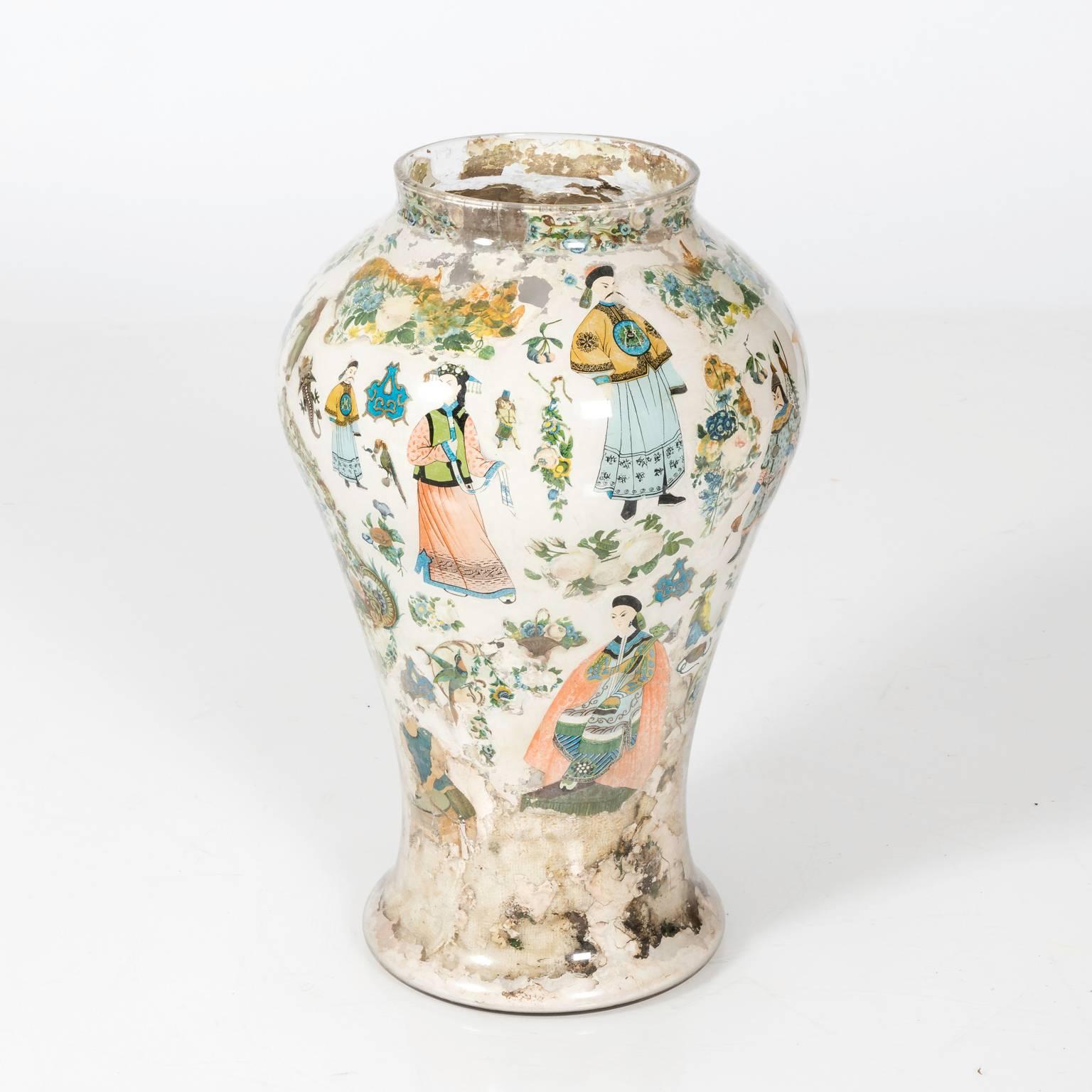 Art Glass Chinese Decoupage Decorated Vase For Sale