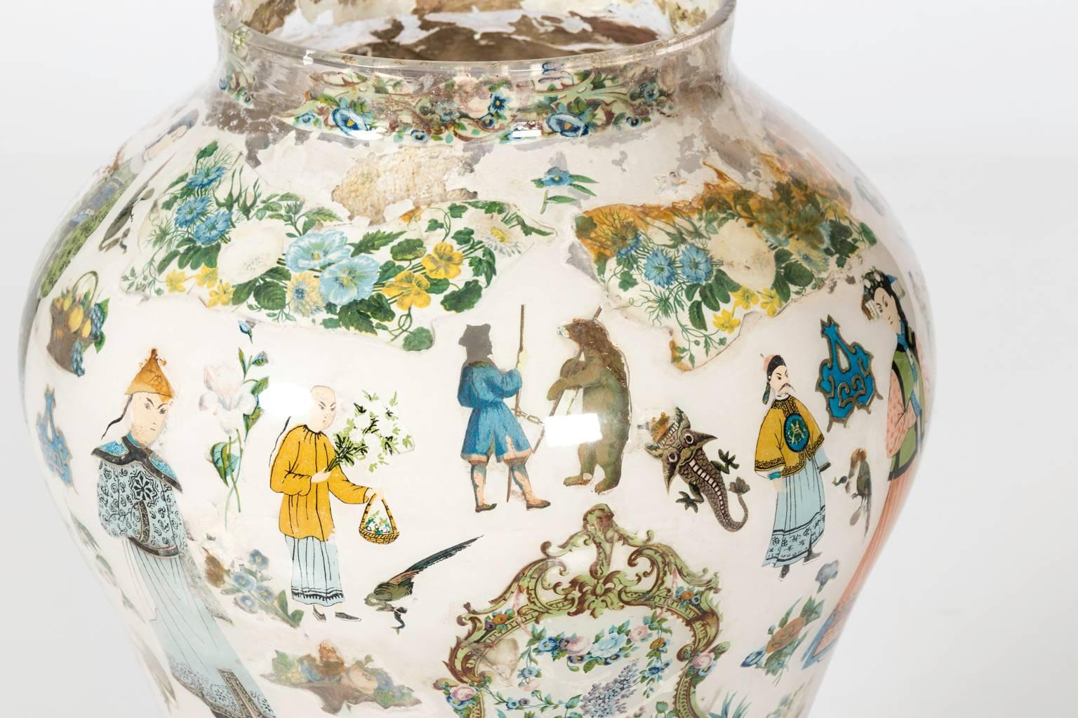 Chinese Decoupage Decorated Vase In Fair Condition For Sale In Stamford, CT