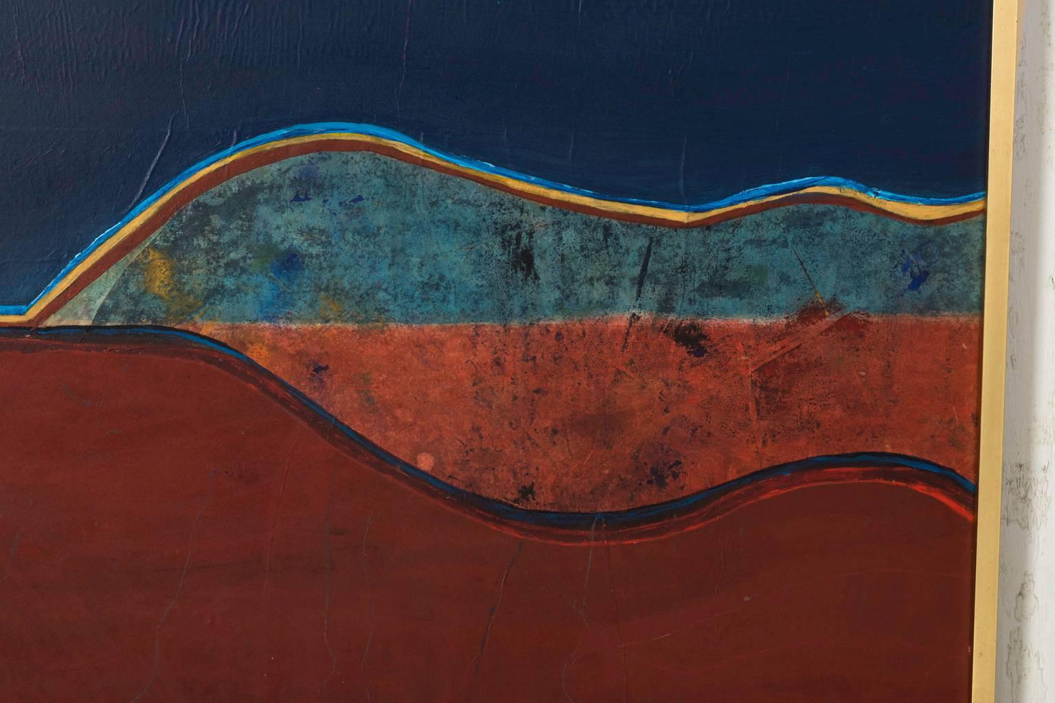 Red and blue abstract artwork depicting a horizon painted on paper in a custom frame, circa mid 20th-century.