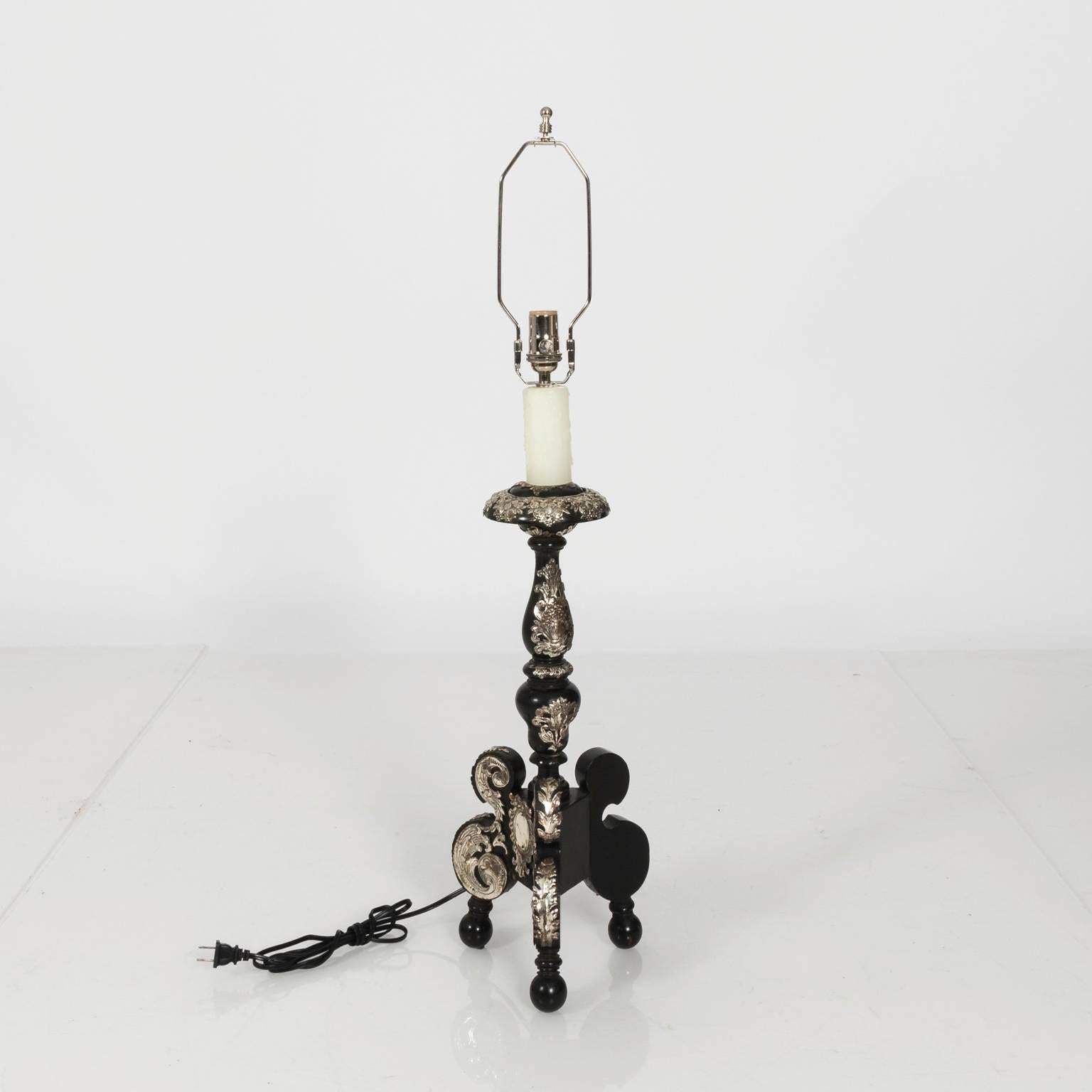 European Pair of Black Lamps with Silver Overlay, circa 1920