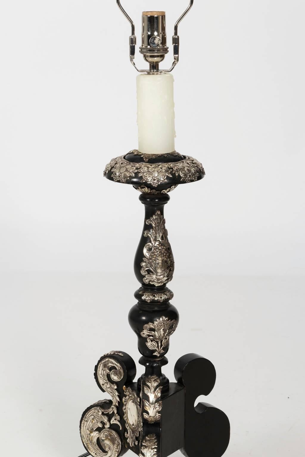 Pair of Black Lamps with Silver Overlay, circa 1920 In Good Condition In Stamford, CT