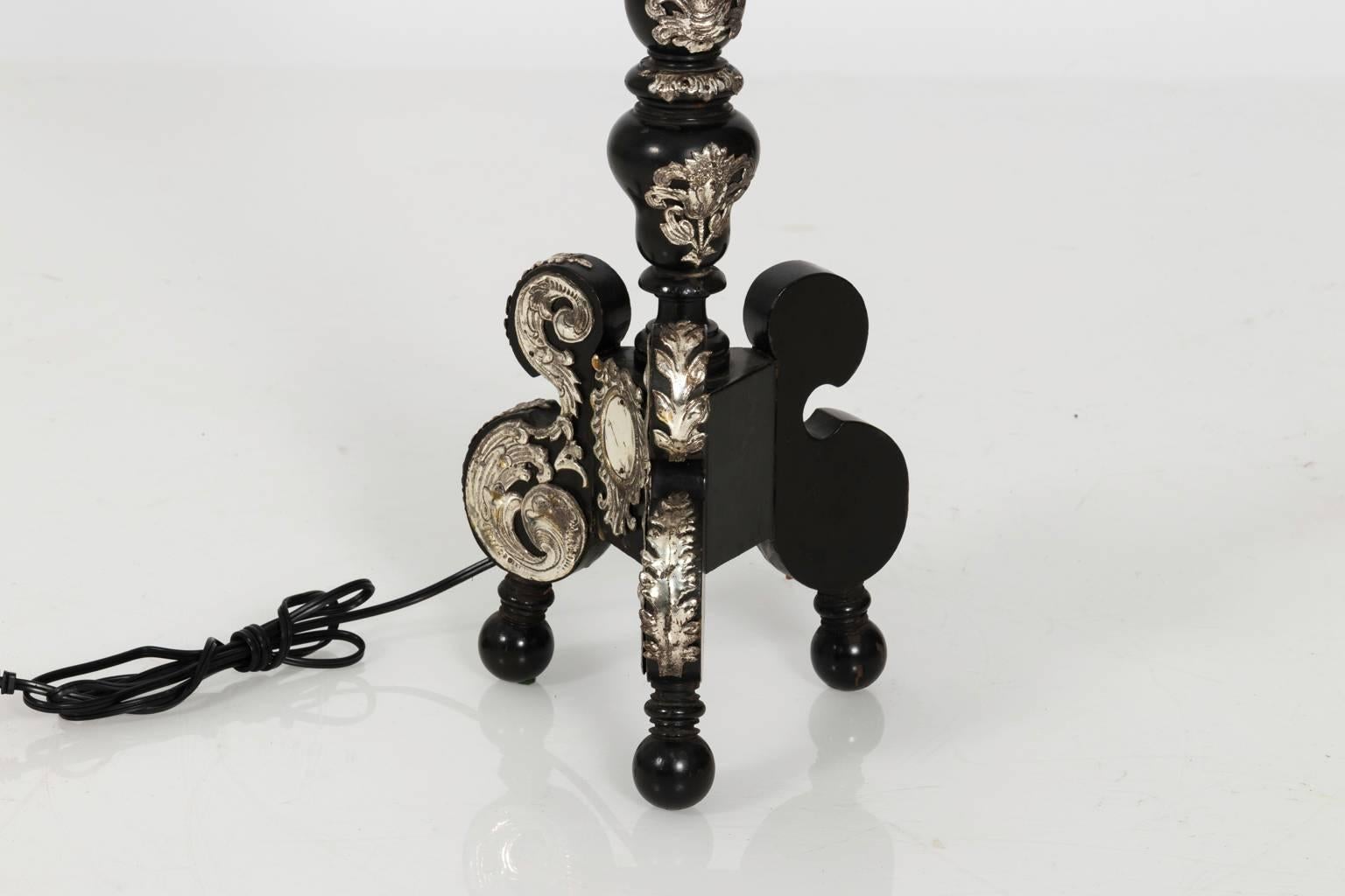 Painted Pair of Black Lamps with Silver Overlay, circa 1920