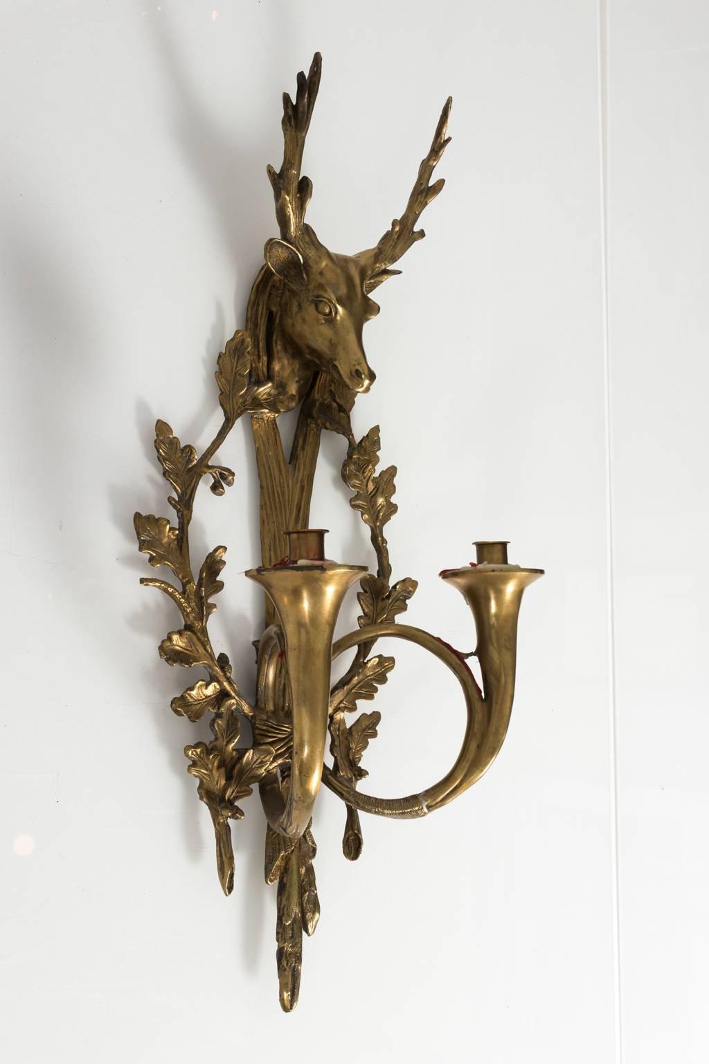 English Pair of Early 20th Century Bronze Stag Head Sconces