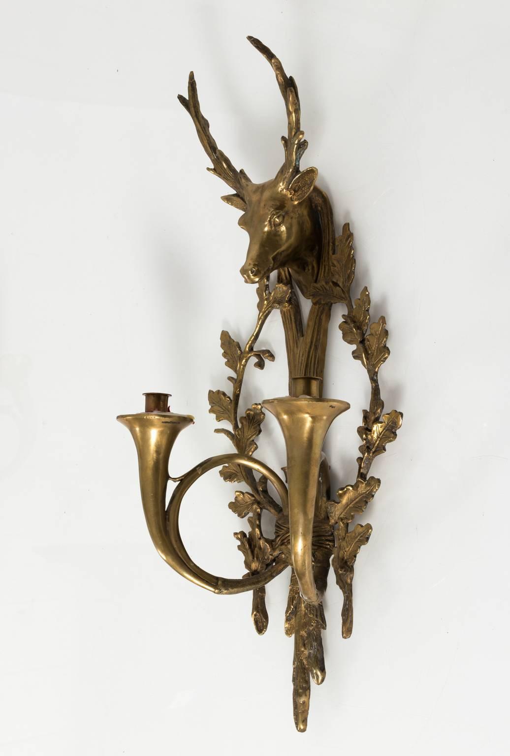 Pair of Early 20th Century Bronze Stag Head Sconces In Good Condition In Stamford, CT