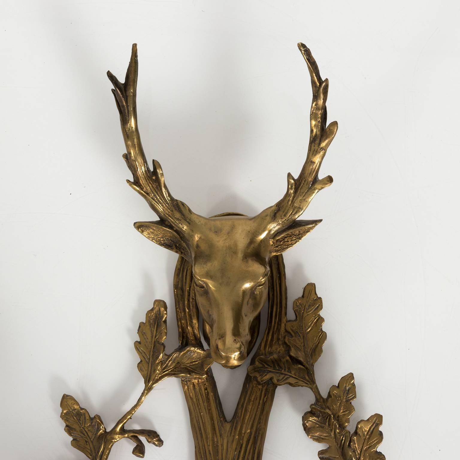 Pair of Early 20th Century Bronze Stag Head Sconces 1