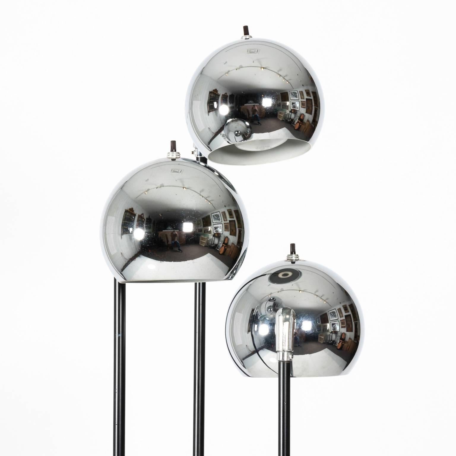  Chrome lamp with 3 heads, a black base, circa 1970. Lamps attributed to Sonneman Lighting.
 
