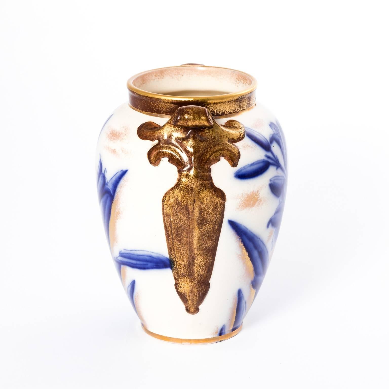 William Alsager Adderley Lily Vase 19th Century English Flow Blue & Gold Urn Pot 1