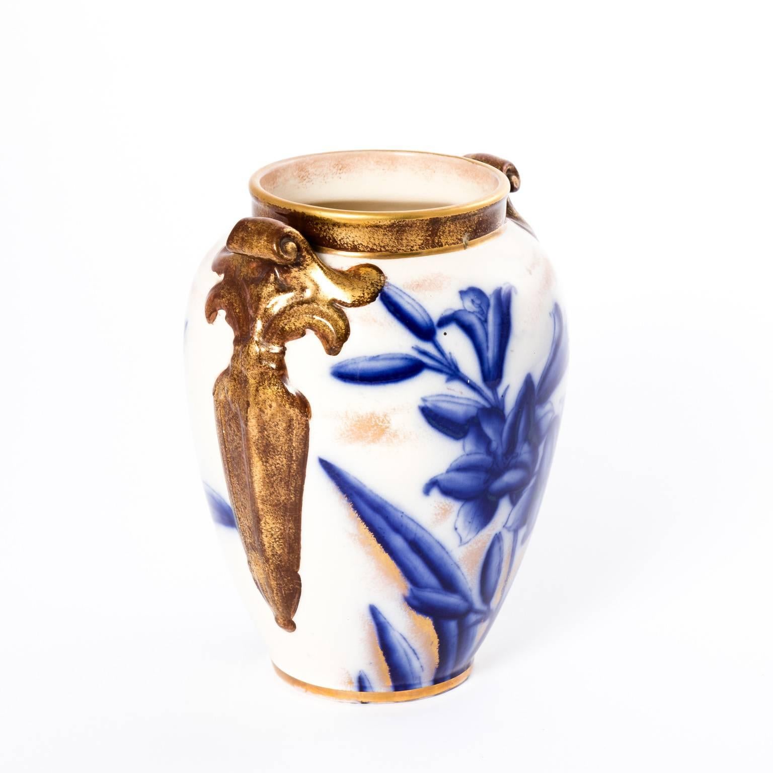 Glass William Alsager Adderley Lily Vase 19th Century English Flow Blue & Gold Urn Pot