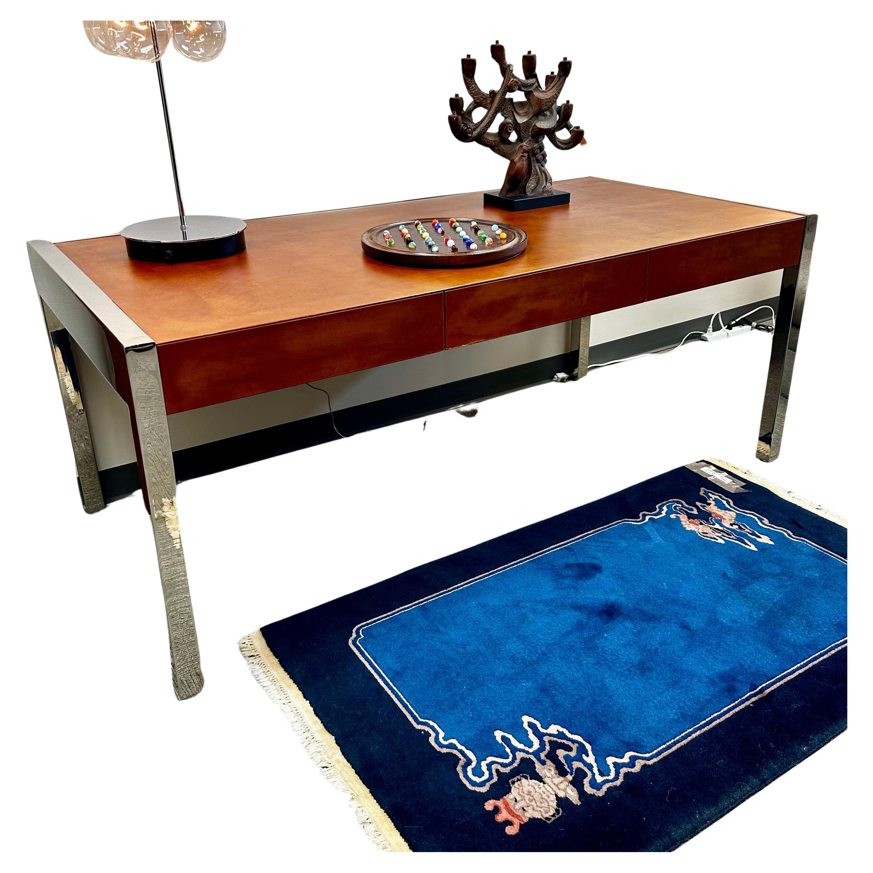 Leon Rosen pour Pace Collection Bureau de direction en acier inoxydable et cuir