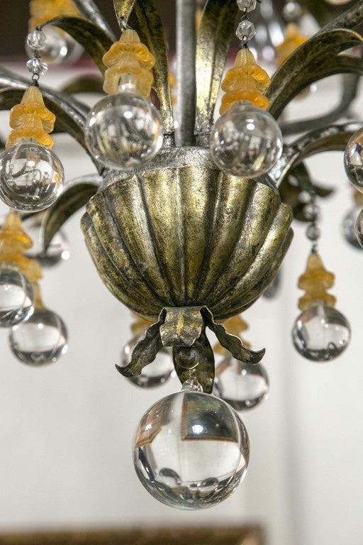 Hand-Crafted French Polished Steel and Glass Midcentury Six-Light Chandelier For Sale