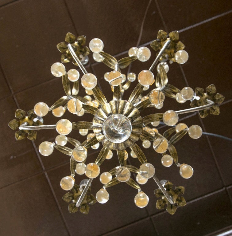 French Polished Steel and Glass Midcentury Six-Light Chandelier For Sale 1