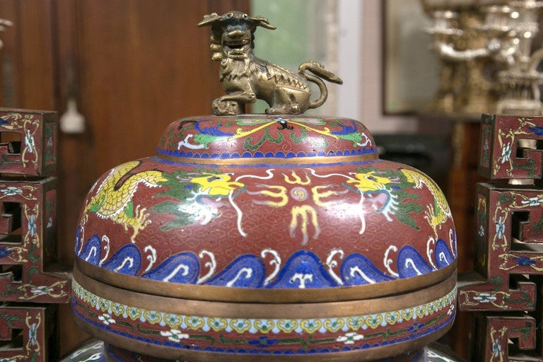 Chinese Cloissone Lidded Bronze Urn For Sale